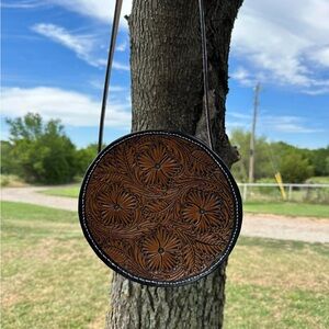 Round Brown Leather Crossbody Bag
